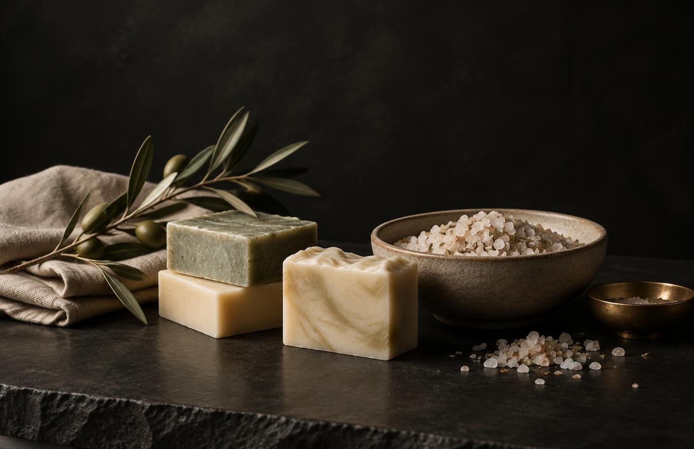 Artisanal soaps and mineral bath salts arranged on dark stone