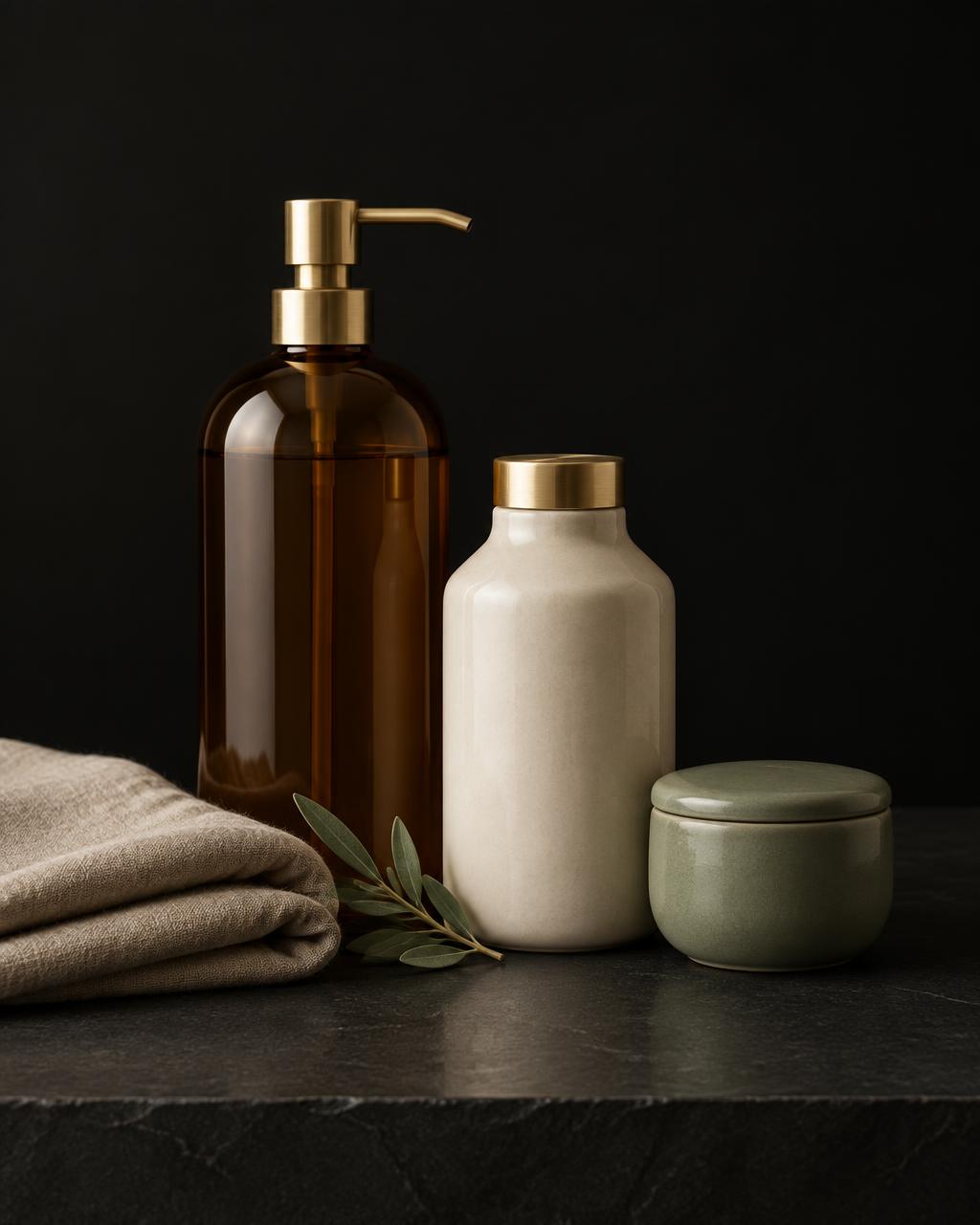 Amber and ceramic laundry detergent bottles with brushed gold caps beside folded linen