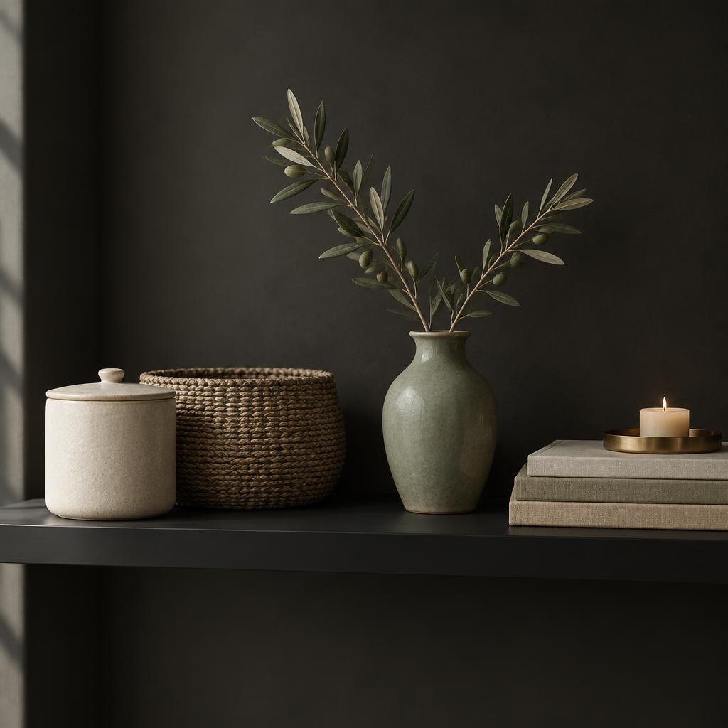 An open shelf styled with a stoneware canister, woven basket and ceramic vase