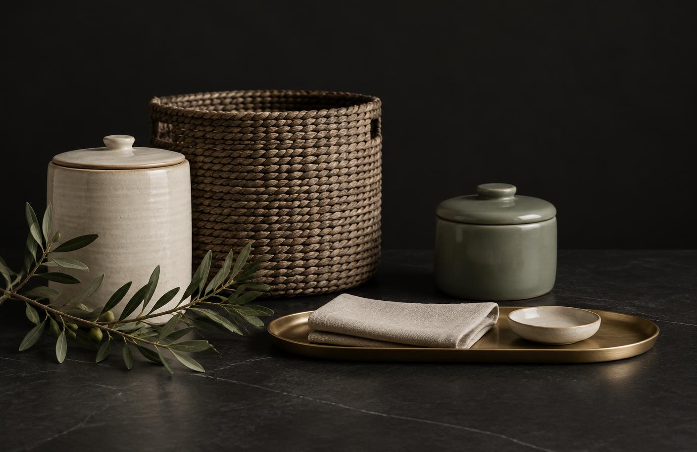 A stoneware canister, woven storage basket and brushed gold tray on dark stone