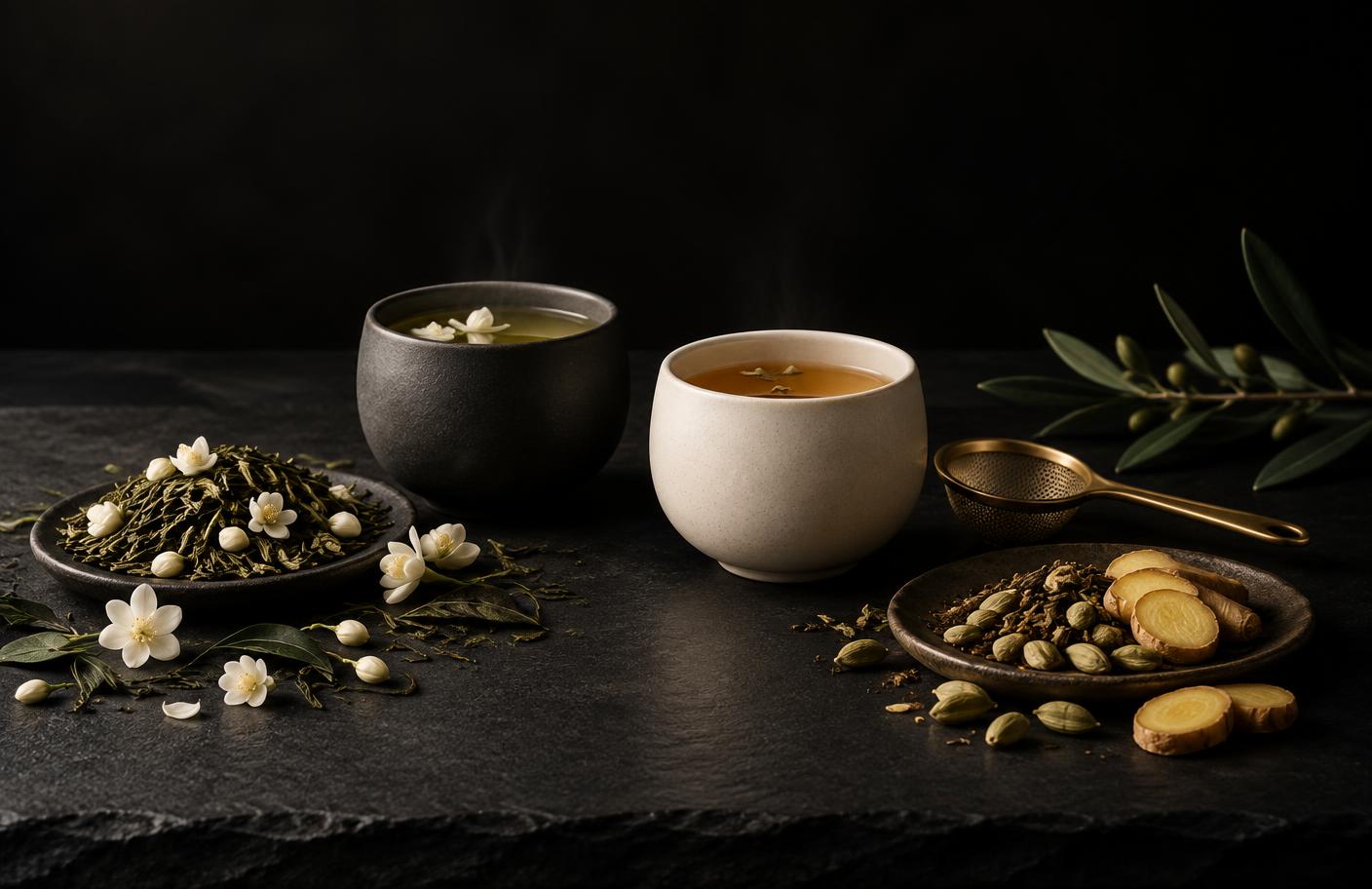 Jasmine green tea and ginger cardamom tea with ceramic cups