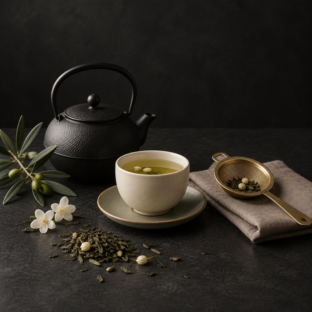A matte black teapot beside an ivory cup of jasmine green tea and a gold strainer
